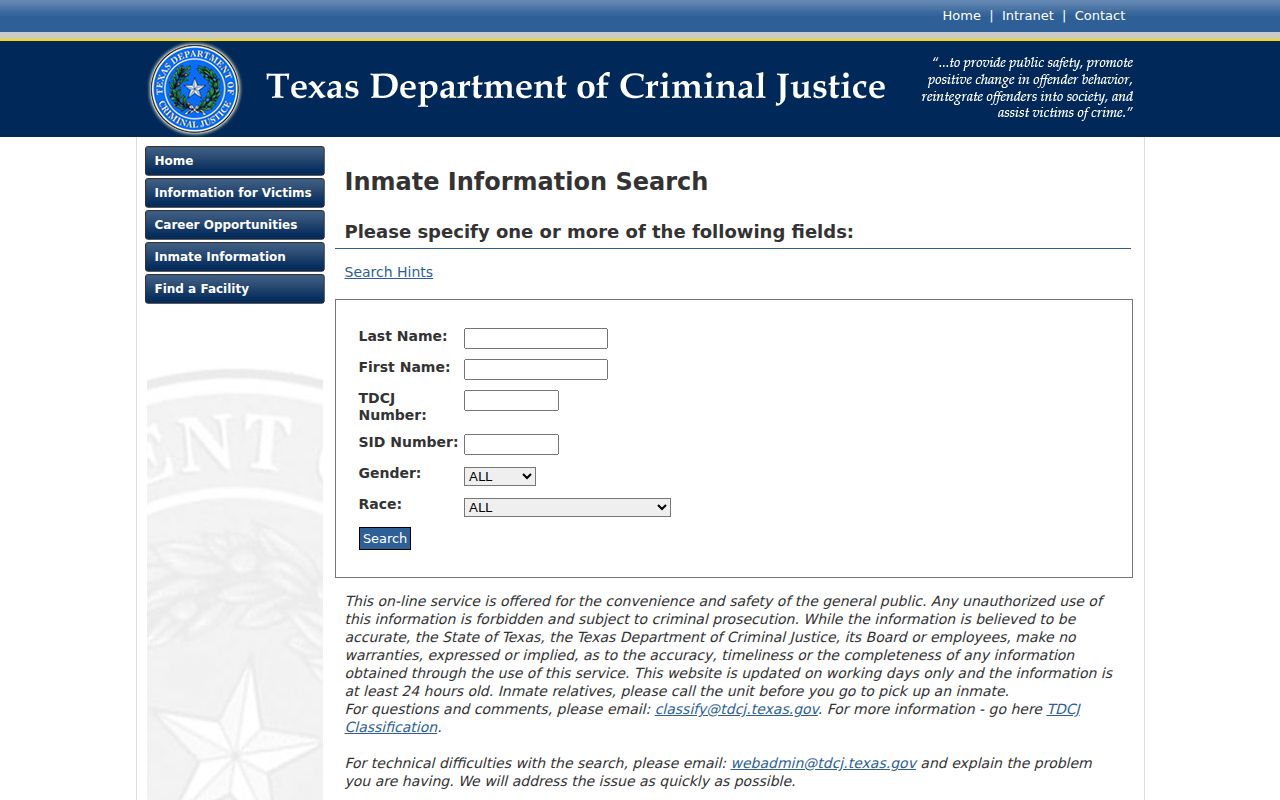 Real County arrest custody search in the TDCJ inmate locator