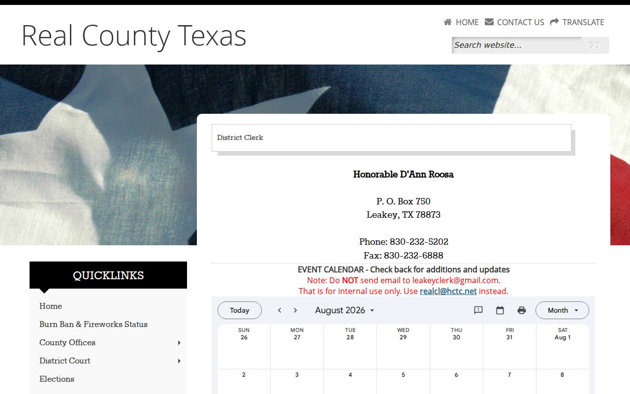 Real County criminal court cases District Clerk contact page