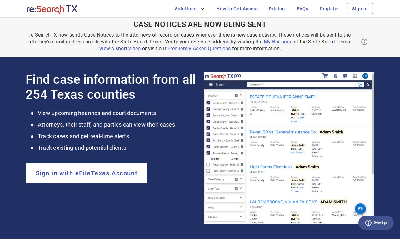 Real County criminal court cases re SearchTX portal limits