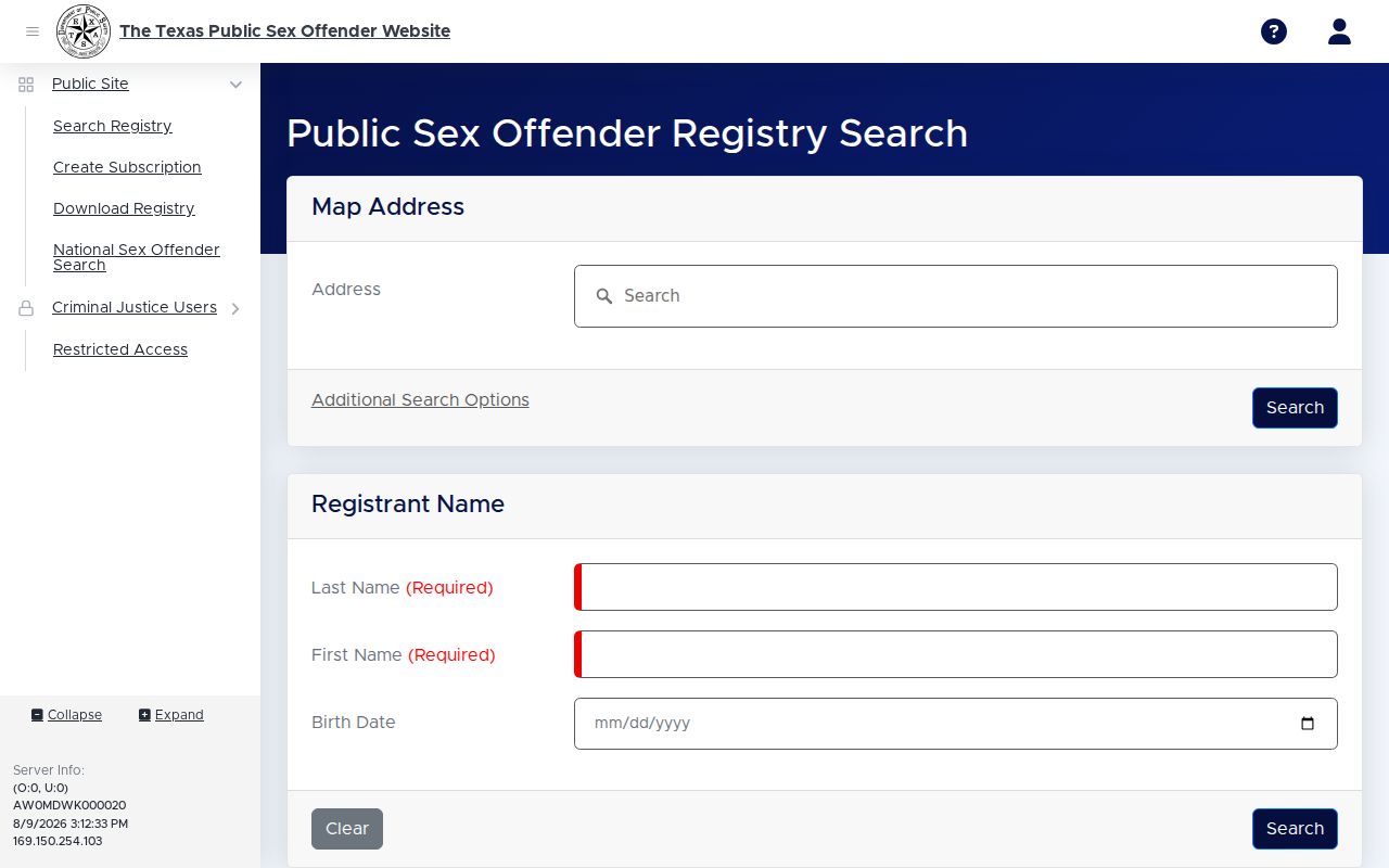 Real County sex offender search on the Texas registry form